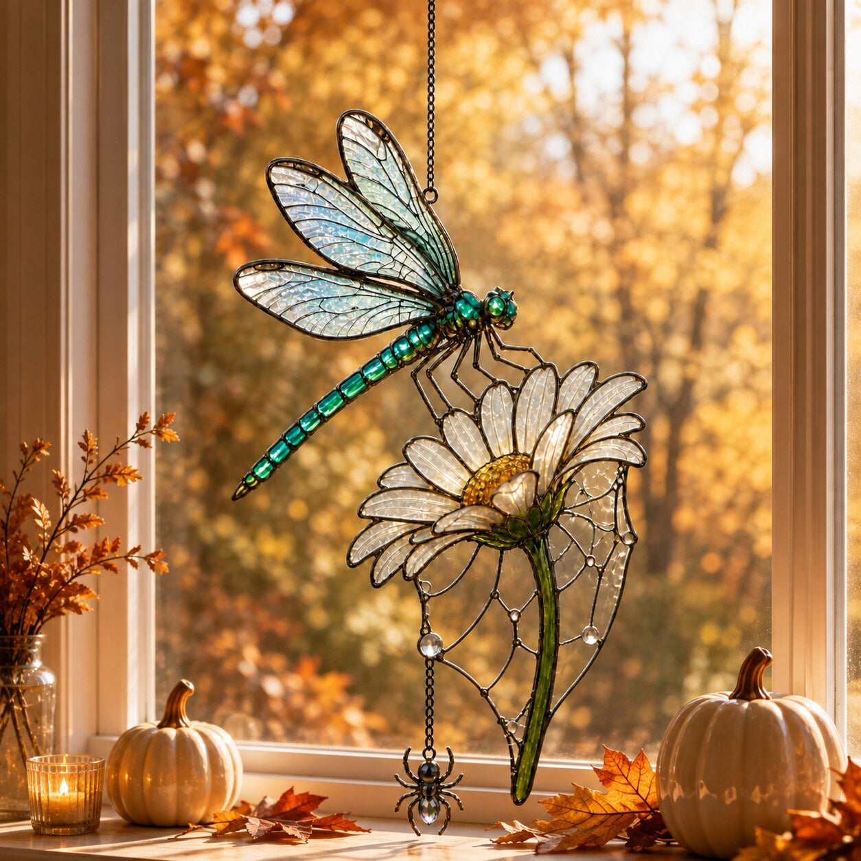 Dragonfly on Daisy holographic acrylic suncatcher in natural daylight