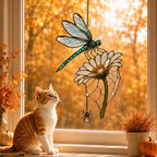 Dragonfly on Daisy window hanging suncatcher with rainbow light reflections