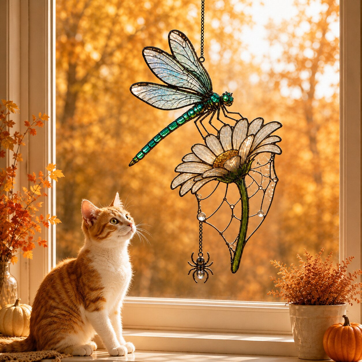 Dragonfly on Daisy window hanging suncatcher with rainbow light reflections