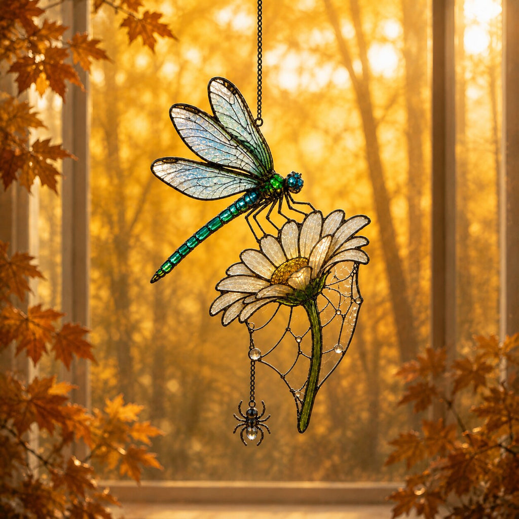 Dragonfly on Daisy suncatcher beside a window with seasonal decor