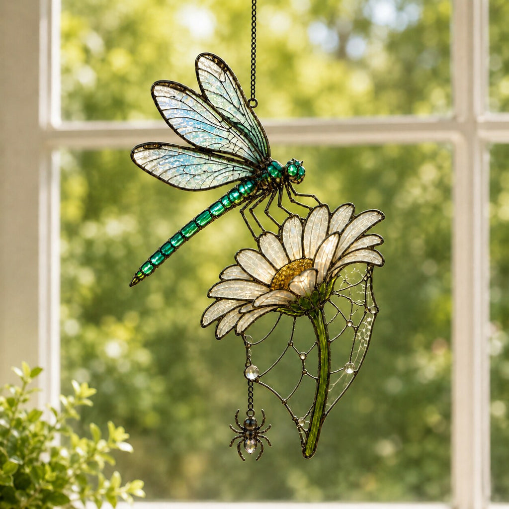Dragonfly on Daisy holographic suncatcher photographed in a home setting