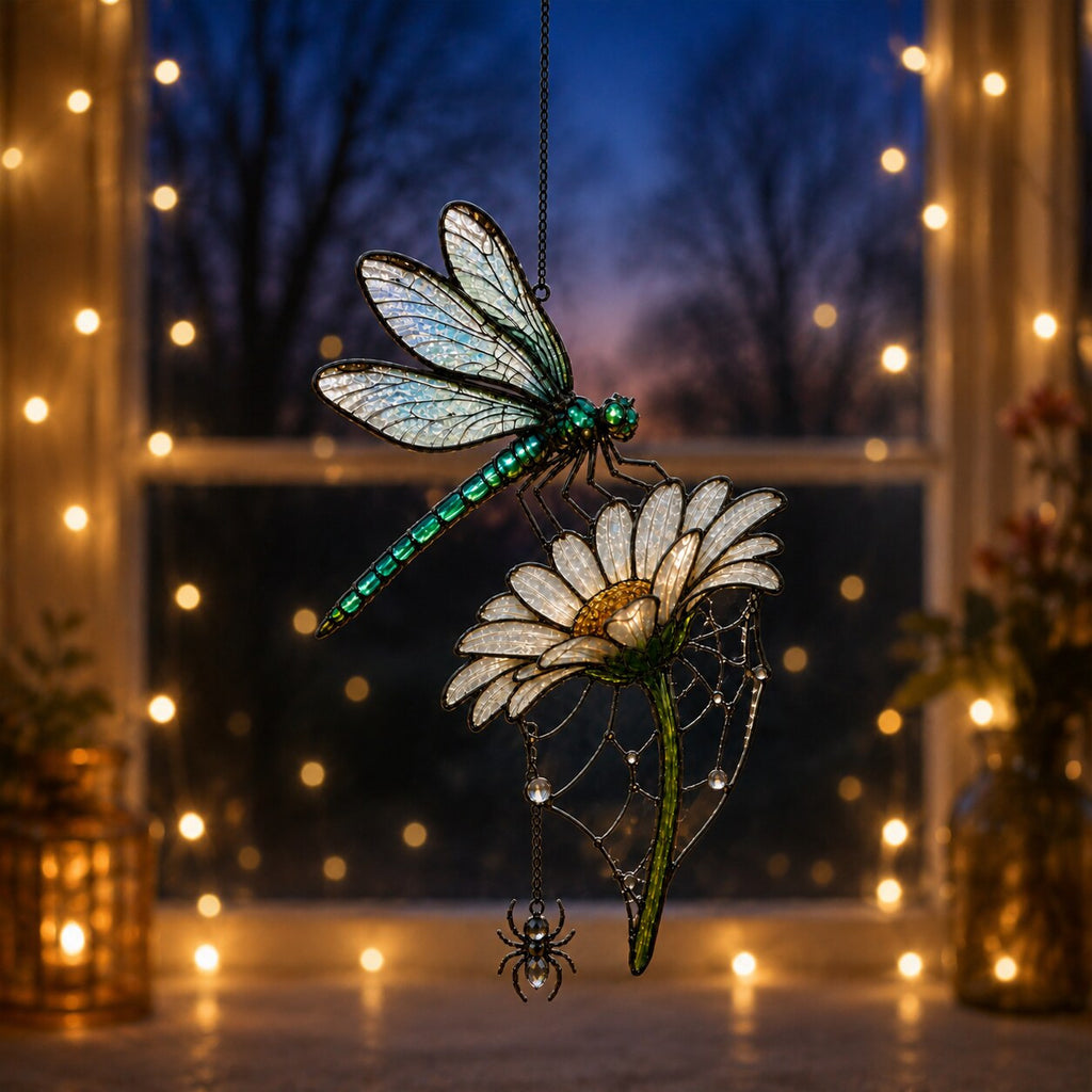 Dragonfly on Daisy suncatcher in a bright window at home