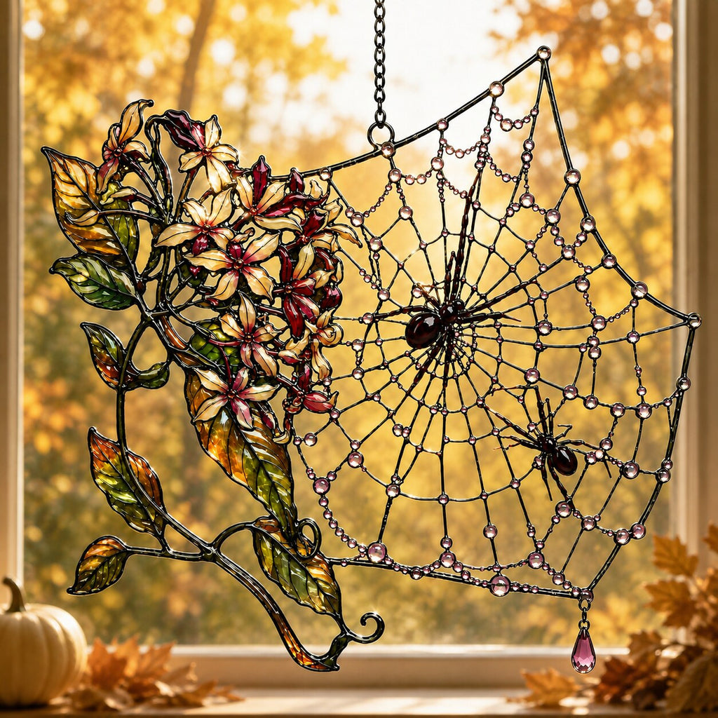 Autumn Spider Web with Flowers suncatcher catching afternoon light in a home window