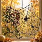 Autumn Spider Web with Flowers suncatcher catching afternoon light in a home window