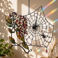 Close-up of the Autumn Spider Web with Flowers holographic suncatcher showing its stained-glass style artwork