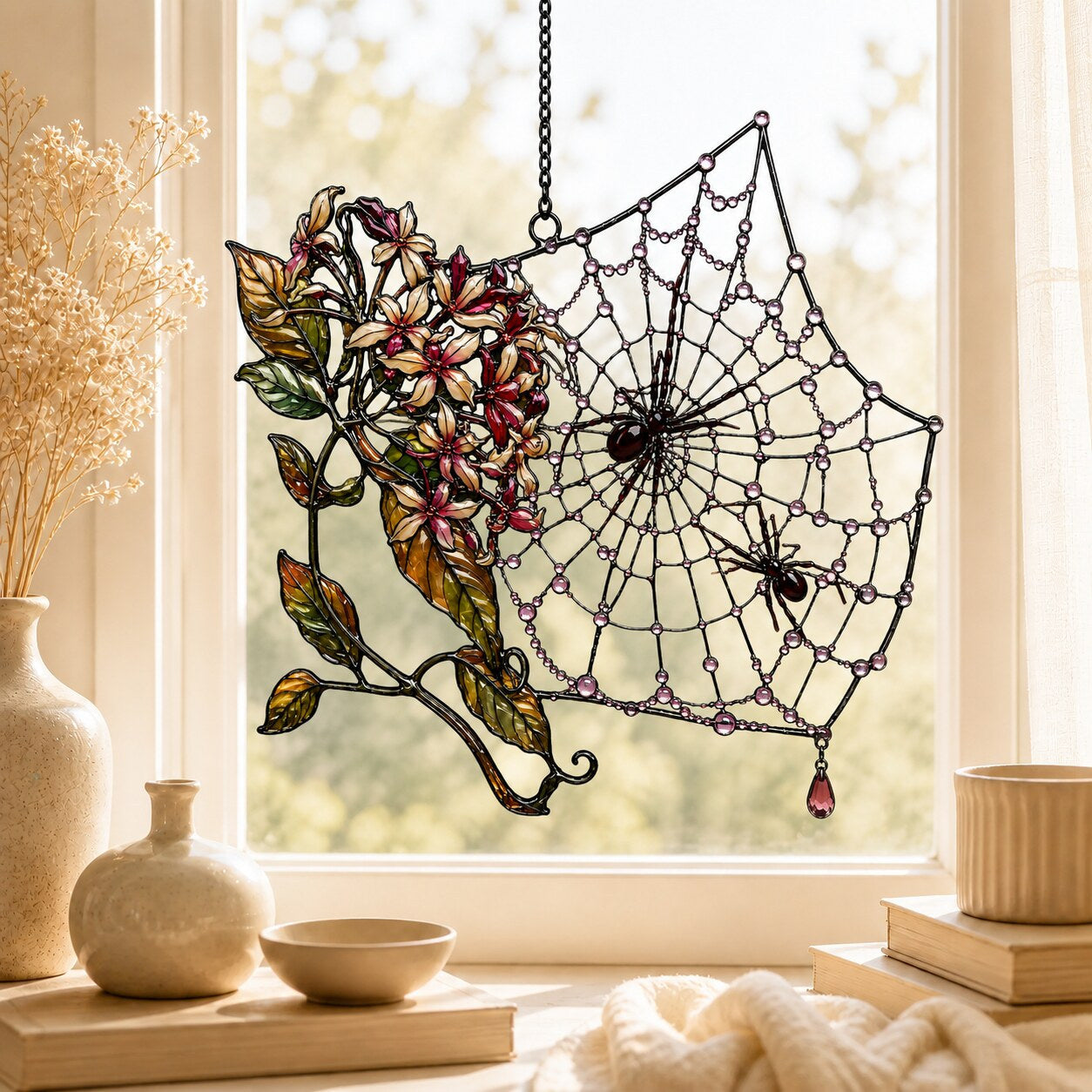 Autumn Spider Web with Flowers acrylic suncatcher hanging in a window with seasonal decor