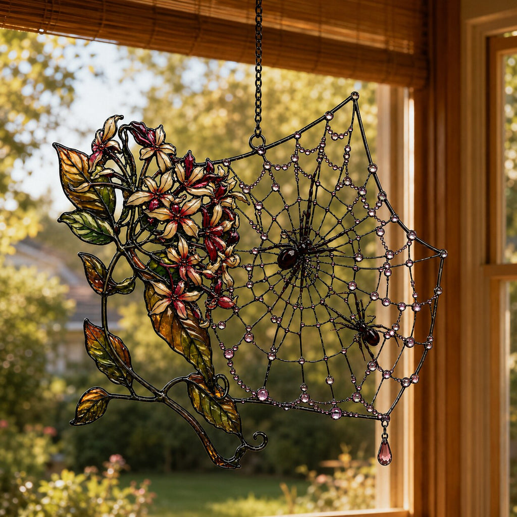 Autumn Spider Web with Flowers holographic suncatcher with sunlight passing through the acrylic