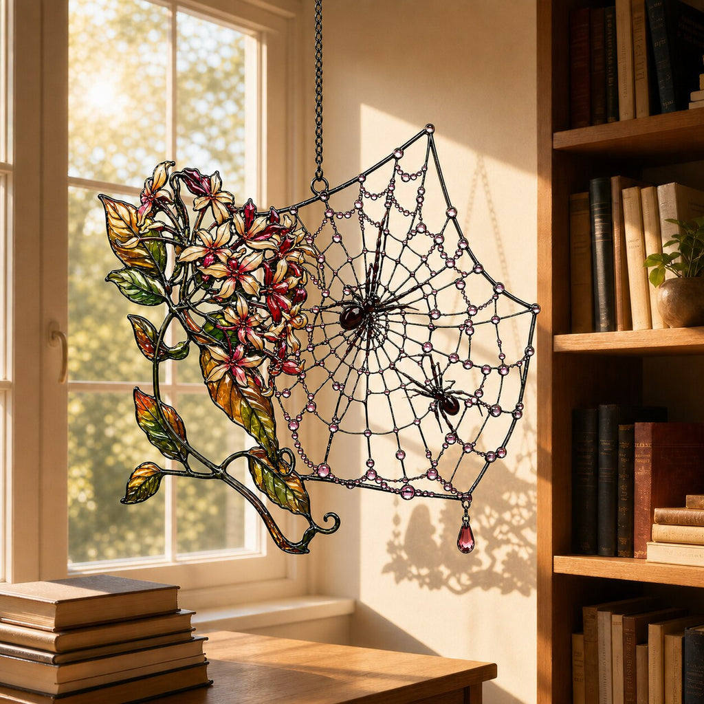 Autumn Spider Web with Flowers suncatcher on its metal hanging chain in a bright window