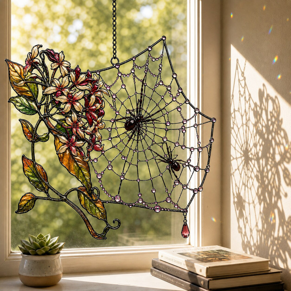 Autumn Spider Web with Flowers holographic acrylic suncatcher styled in a cozy room