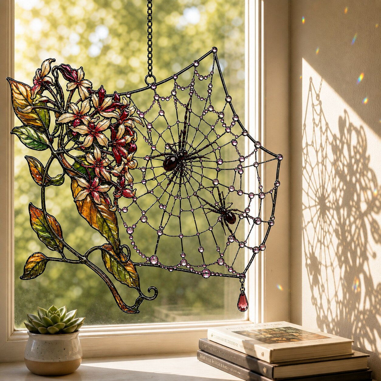 Autumn Spider Web with Flowers holographic acrylic suncatcher styled in a cozy room