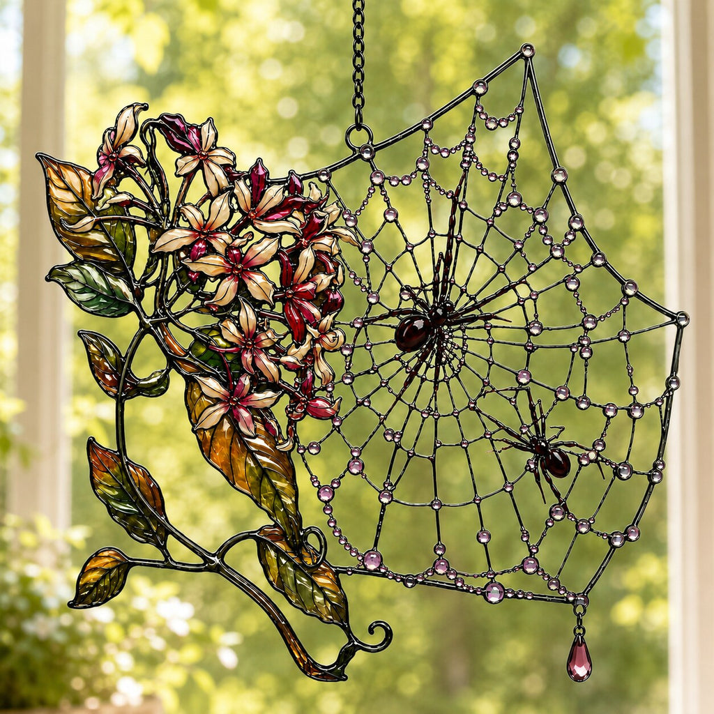 Autumn Spider Web with Flowers window suncatcher seen against a sunlit garden