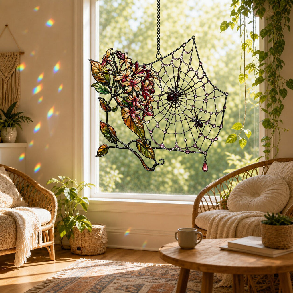 Autumn Spider Web with Flowers holographic suncatcher hanging in a living room window