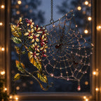 Autumn Spider Web with Flowers acrylic suncatcher in a warm, softly lit interior