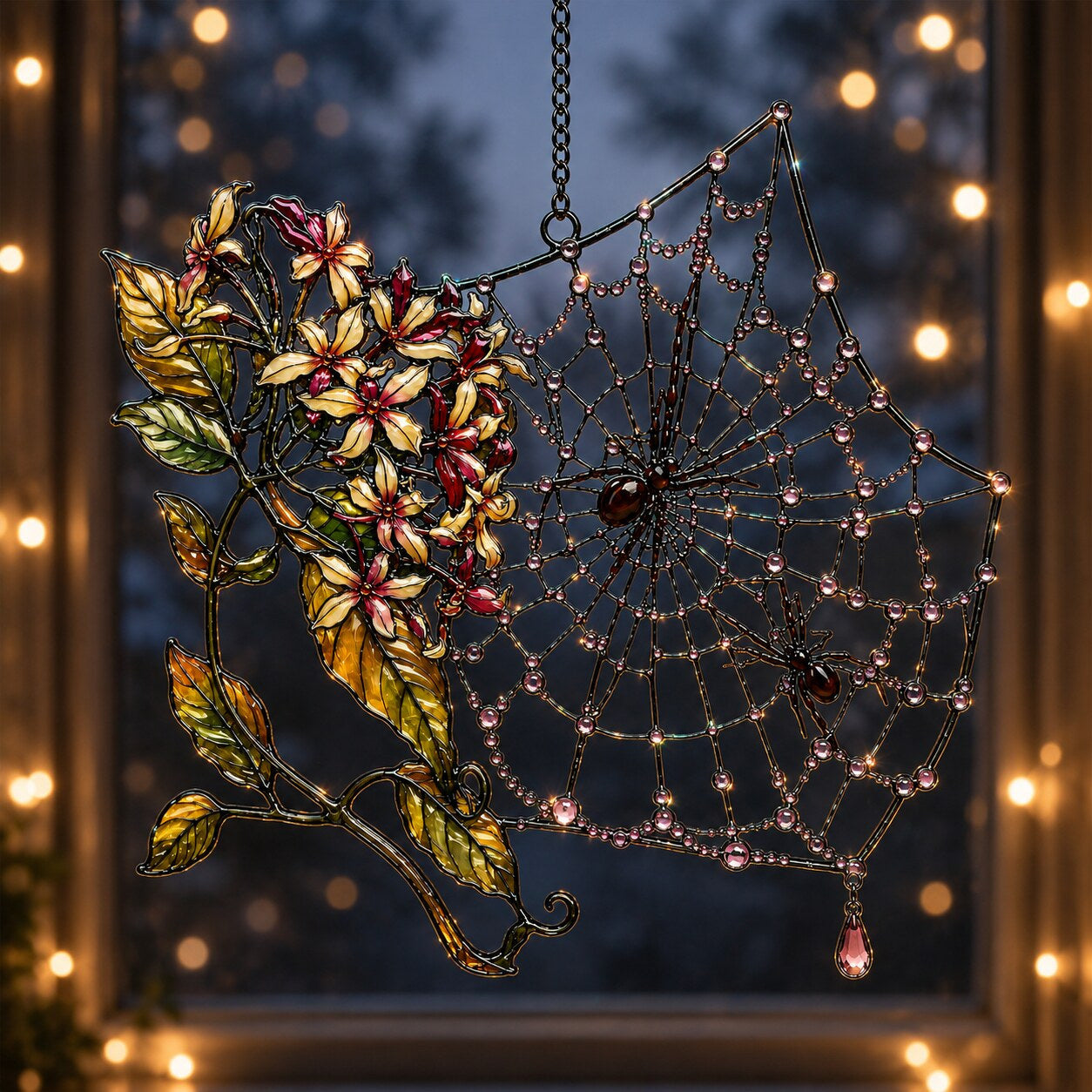 Autumn Spider Web with Flowers acrylic suncatcher in a warm, softly lit interior