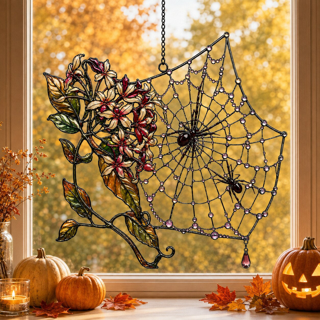 Autumn Spider Web with Flowers suncatcher displayed in a home window