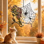 Autumn Spider Web with Flowers holographic acrylic suncatcher in natural daylight