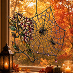 Autumn Spider Web with Flowers window hanging suncatcher with rainbow light reflections