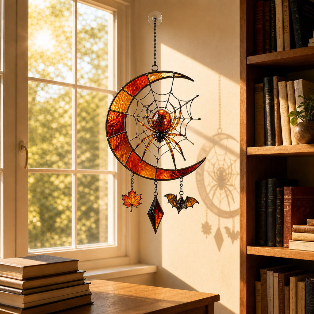 Crescent Moon Spider Web with Bats holographic acrylic suncatcher hanging in a sunlit window