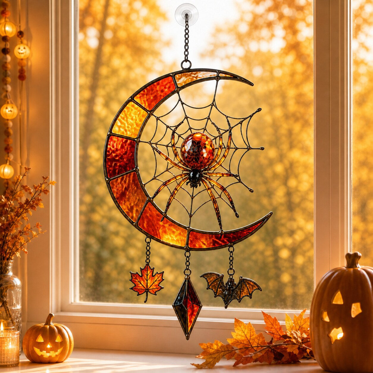 Crescent Moon Spider Web with Bats suncatcher catching afternoon light in a home window