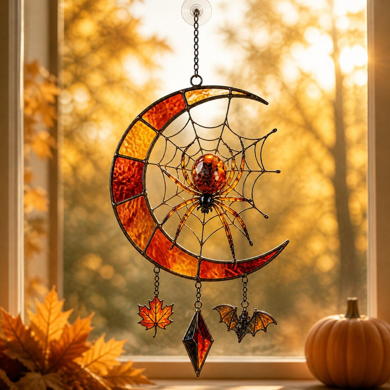 Close-up of the Crescent Moon Spider Web with Bats holographic suncatcher showing its stained-glass style artwork