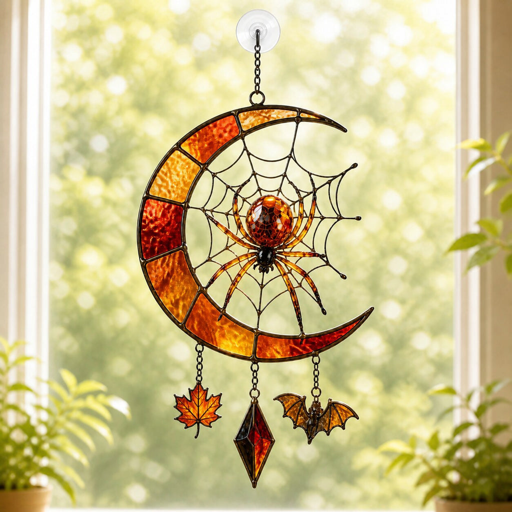 Crescent Moon Spider Web with Bats acrylic suncatcher hanging in a window with seasonal decor