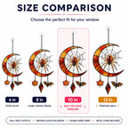 Size comparison chart for the Crescent Moon Spider Web with Bats suncatcher: 6, 8, 10 and 12 inch options
