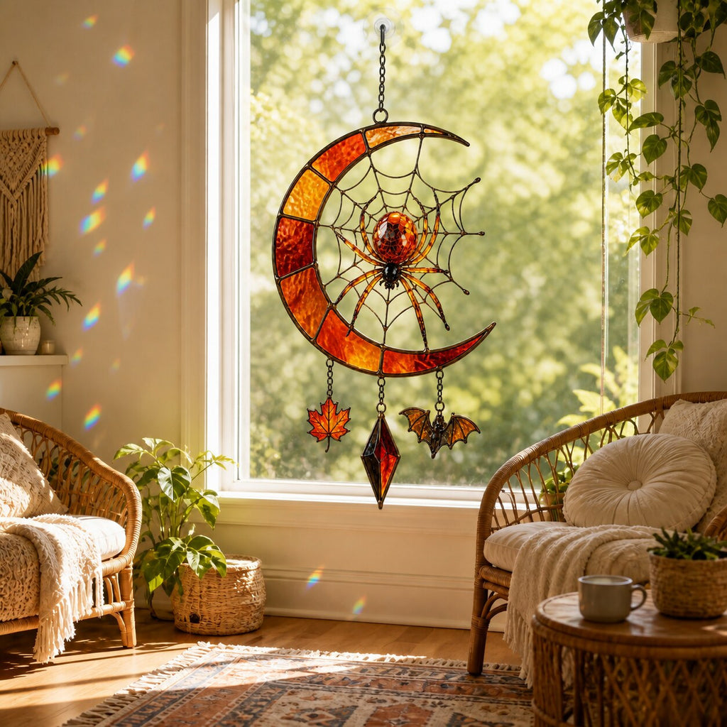 Crescent Moon Spider Web with Bats holographic suncatcher with sunlight passing through the acrylic