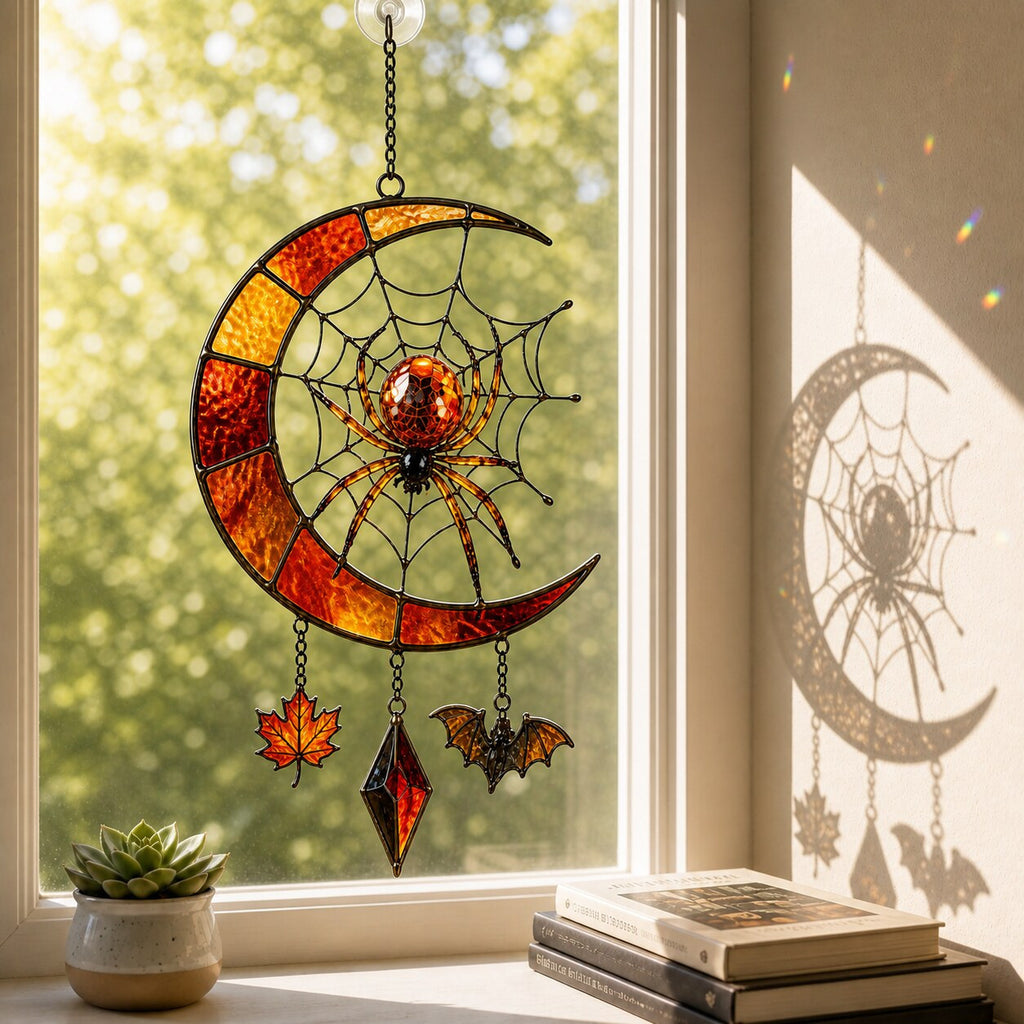 Crescent Moon Spider Web with Bats suncatcher on its metal hanging chain in a bright window