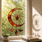 Crescent Moon Spider Web with Bats suncatcher on its metal hanging chain in a bright window