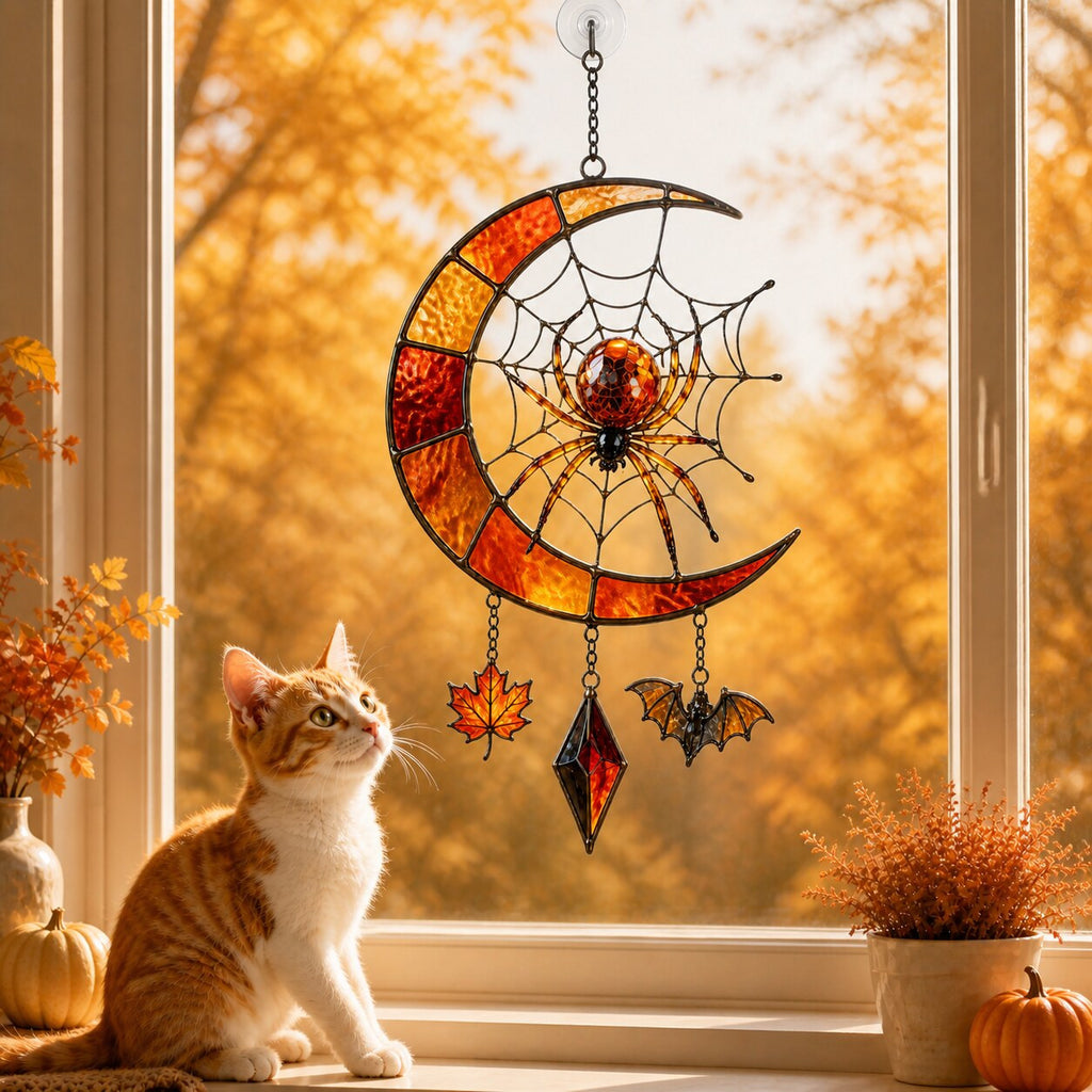 Crescent Moon Spider Web with Bats holographic acrylic suncatcher styled in a cozy room