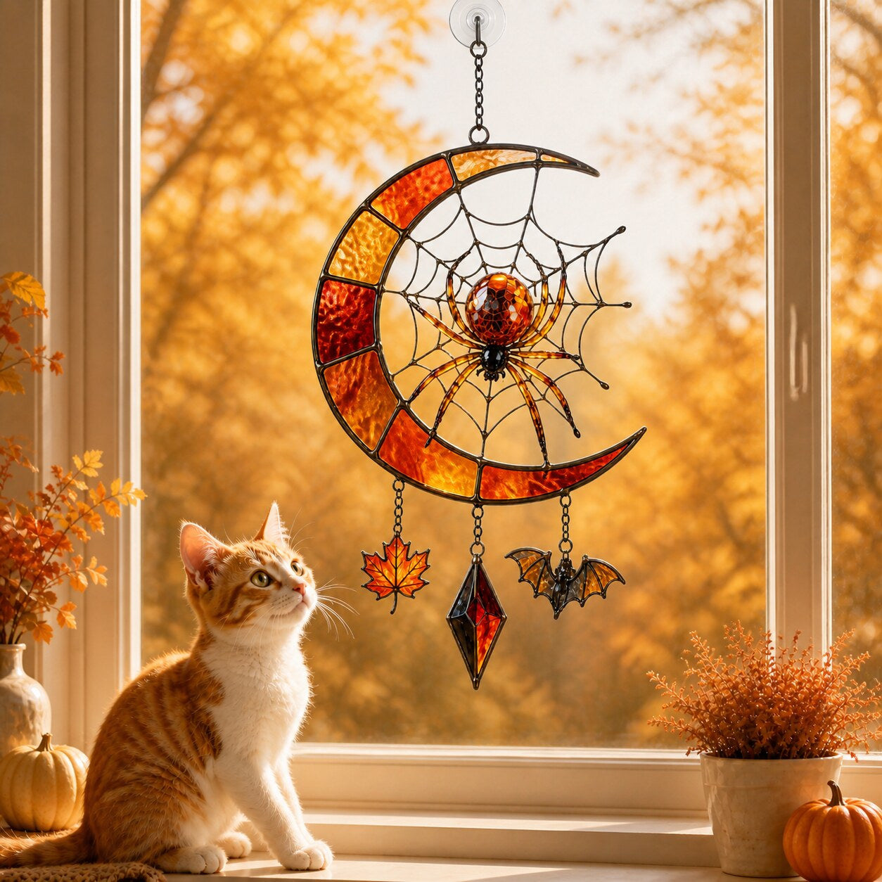 Crescent Moon Spider Web with Bats holographic acrylic suncatcher styled in a cozy room