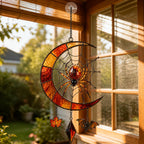 Crescent Moon Spider Web with Bats holographic suncatcher hanging in a living room window