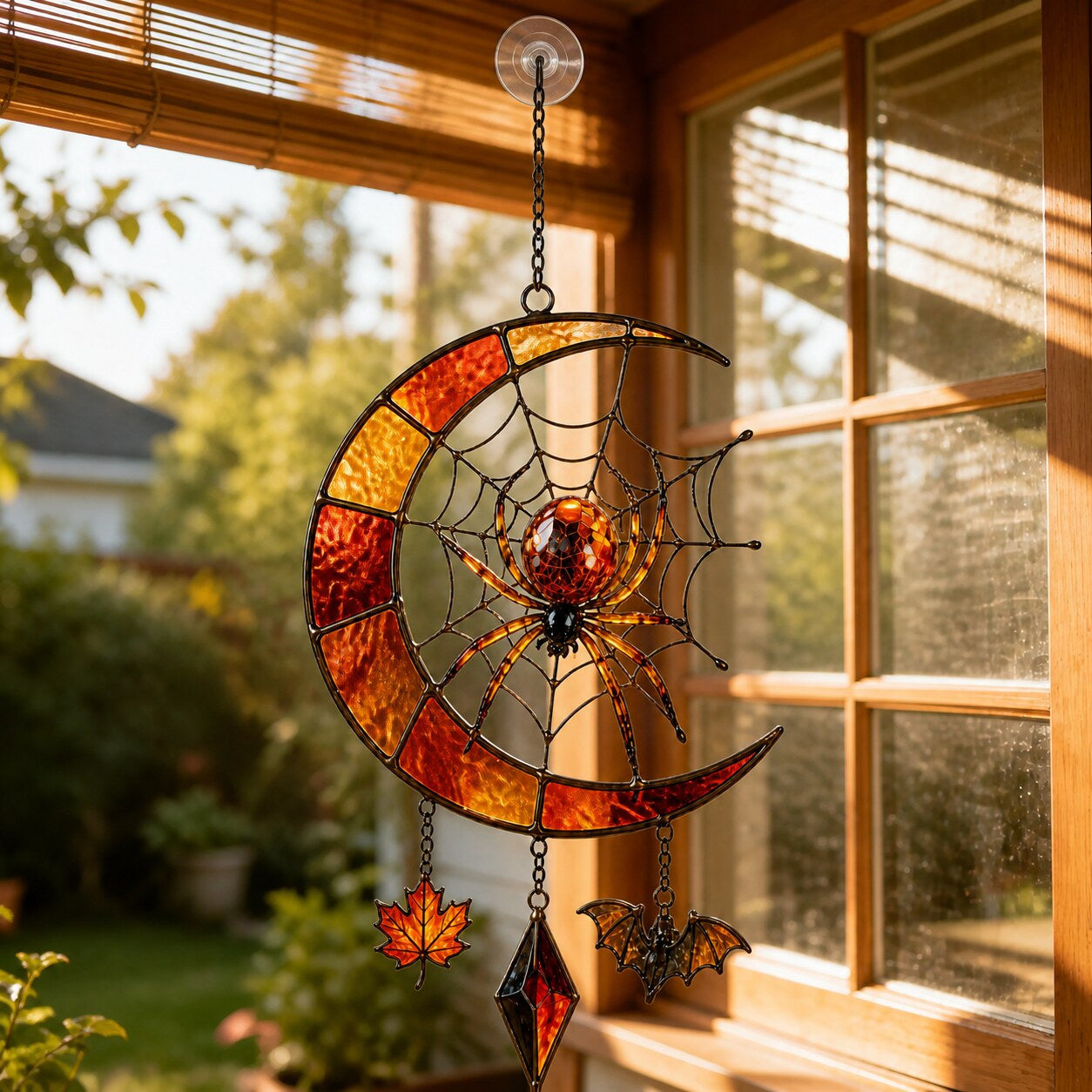 Crescent Moon Spider Web with Bats holographic suncatcher hanging in a living room window