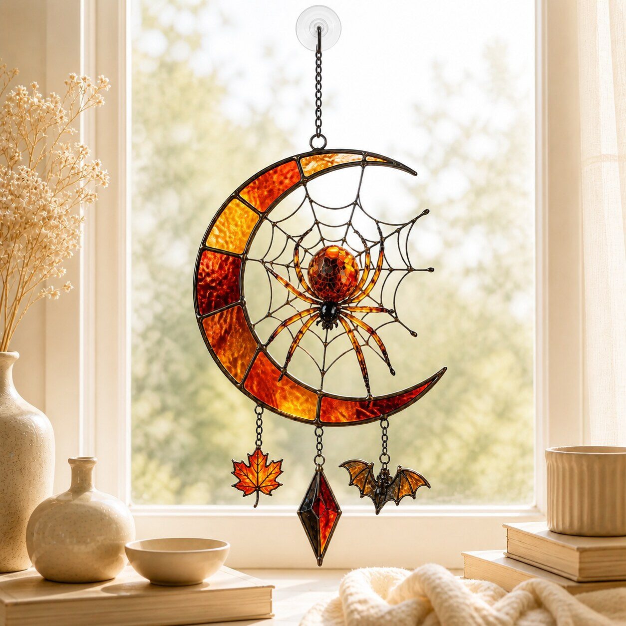 Crescent Moon Spider Web with Bats acrylic suncatcher in a warm, softly lit interior