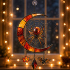 Crescent Moon Spider Web with Bats holographic acrylic suncatcher in natural daylight