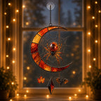 Crescent Moon Spider Web with Bats window hanging suncatcher with rainbow light reflections