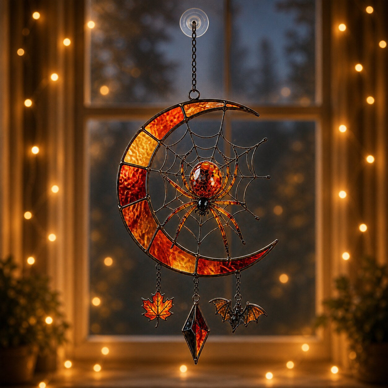 Crescent Moon Spider Web with Bats window hanging suncatcher with rainbow light reflections