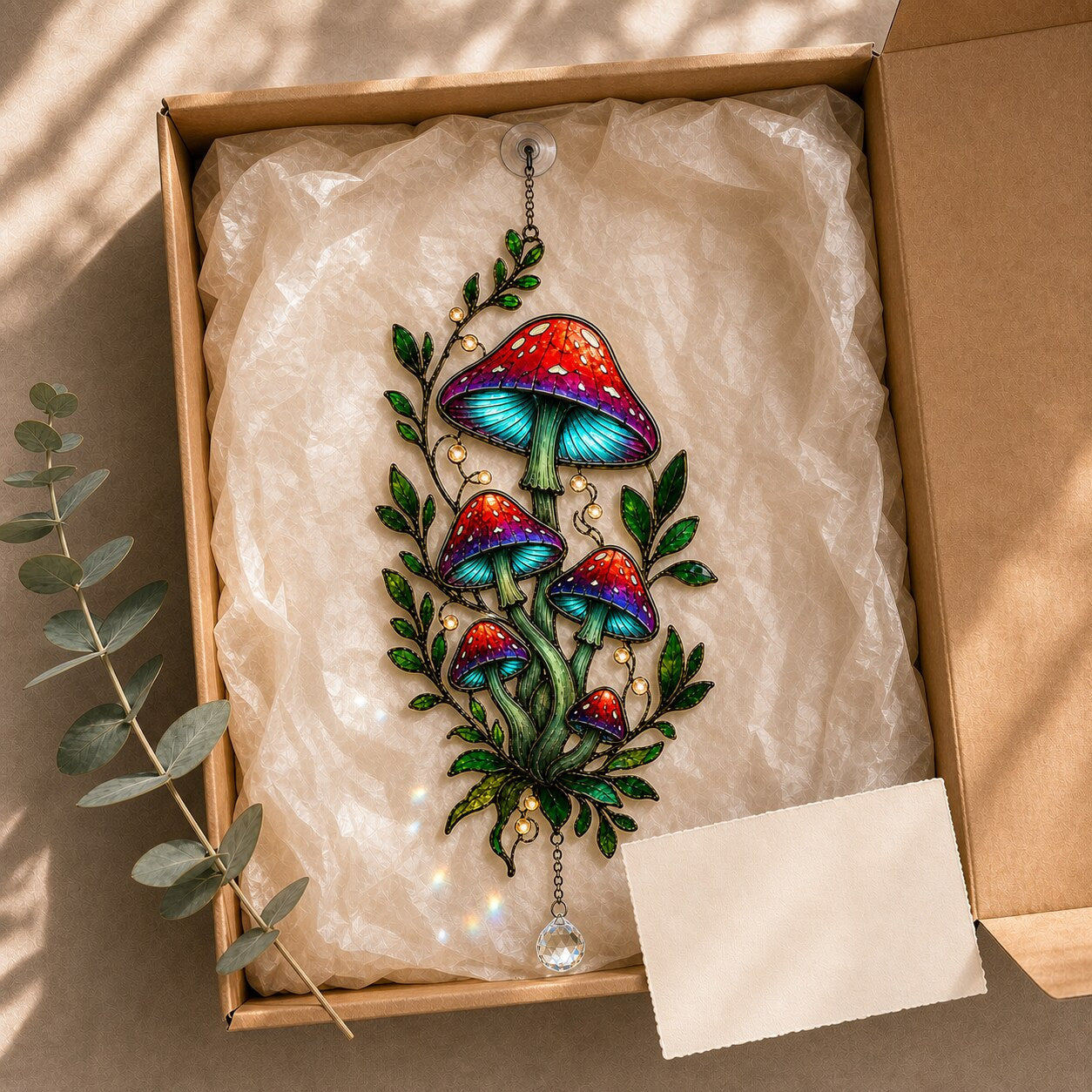 Red Mushroom Cluster with Vines holographic acrylic suncatcher hanging in a sunlit window