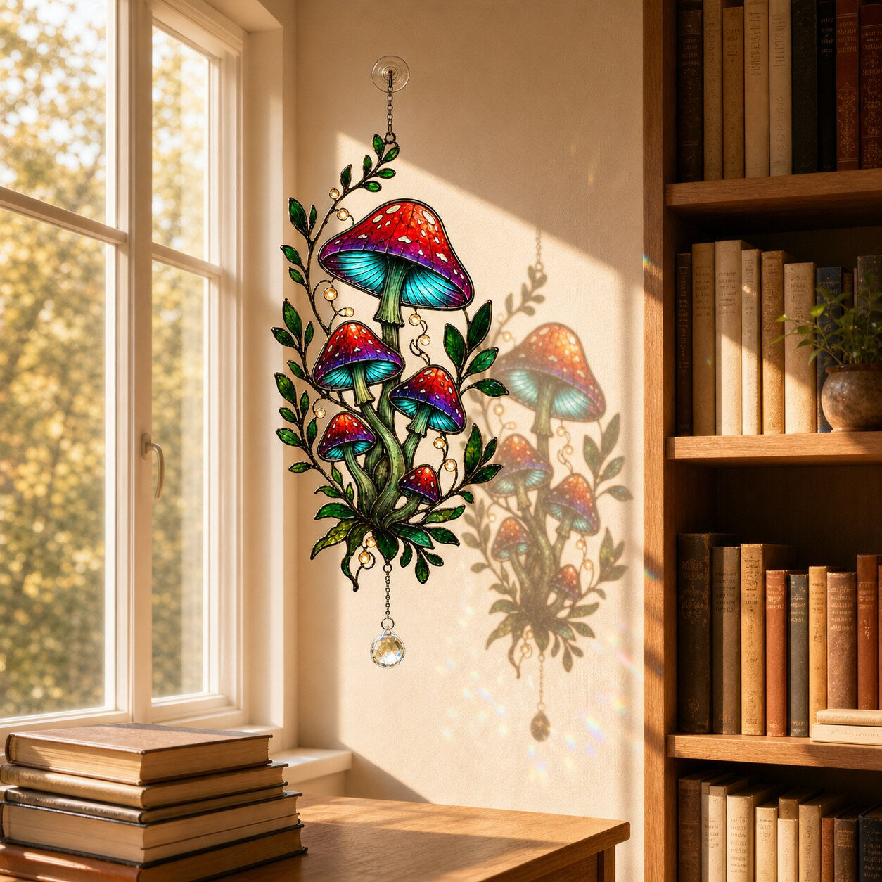 Red Mushroom Cluster with Vines suncatcher catching afternoon light in a home window