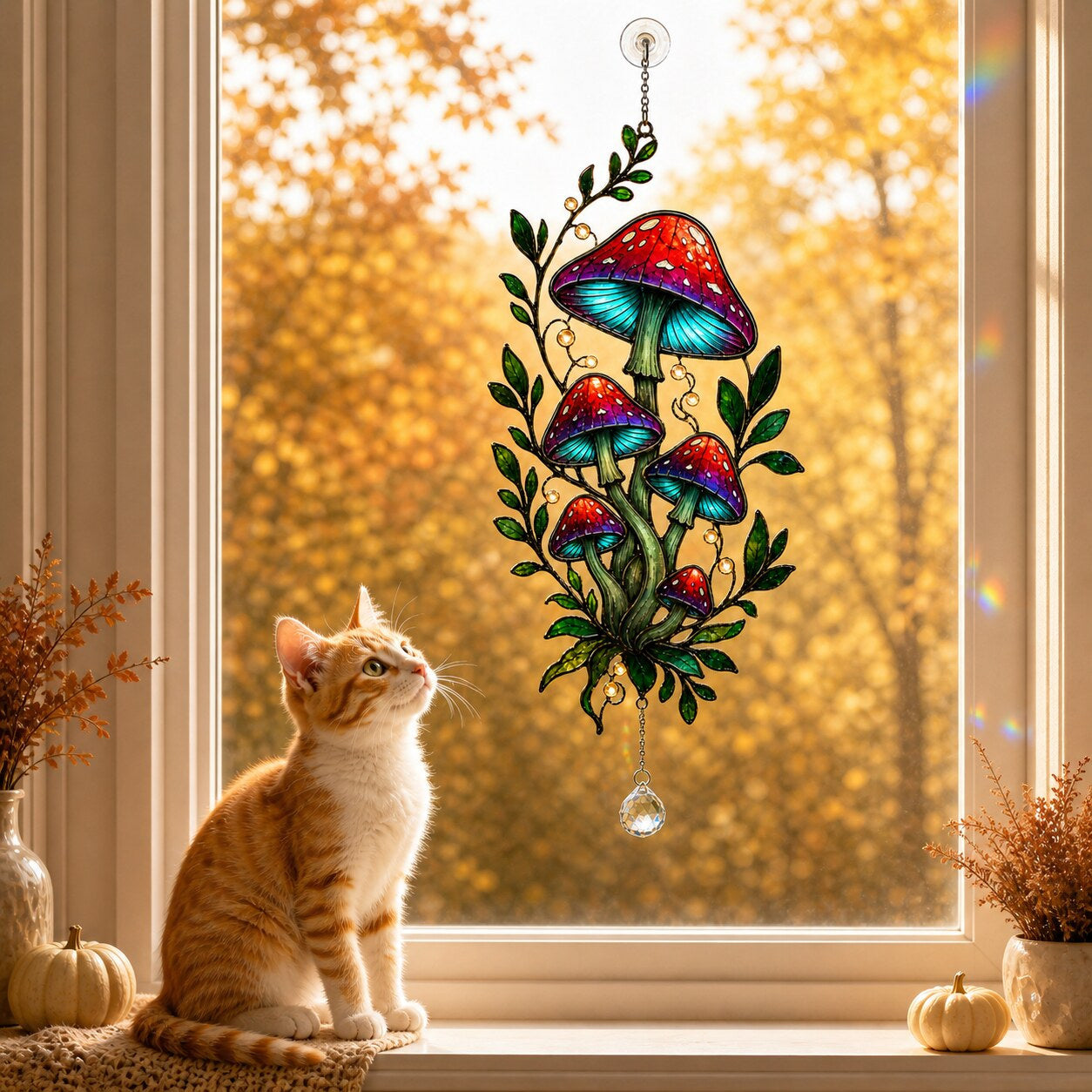 Close-up of the Red Mushroom Cluster with Vines holographic suncatcher showing its stained-glass style artwork