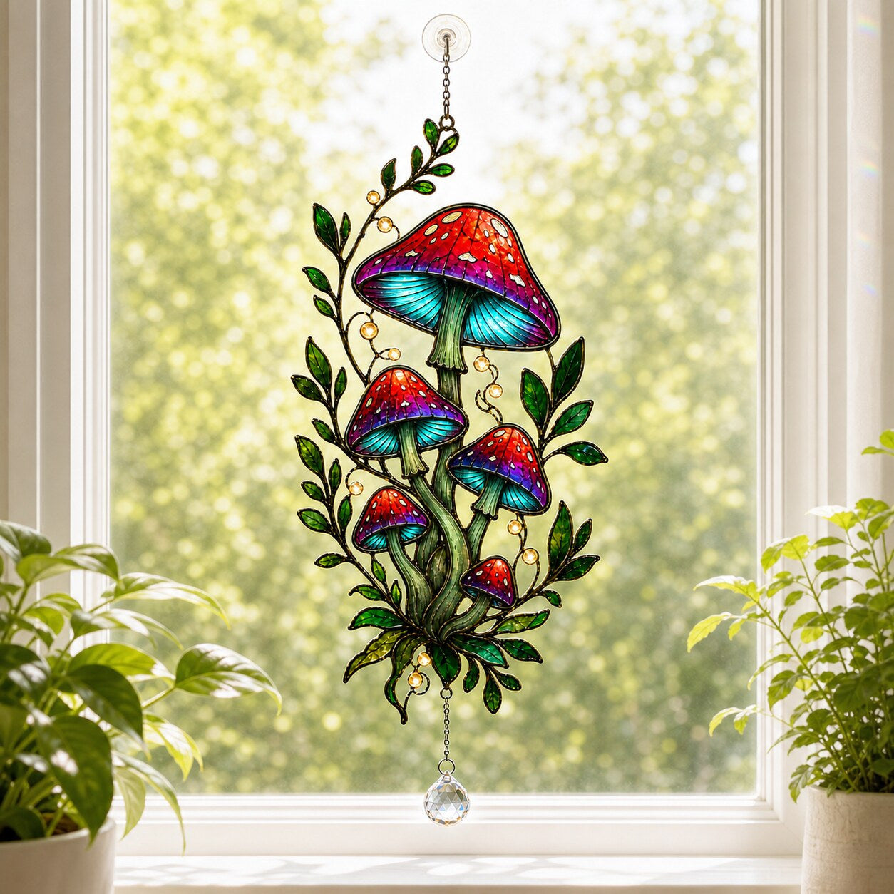 Red Mushroom Cluster with Vines acrylic suncatcher hanging in a window with seasonal decor