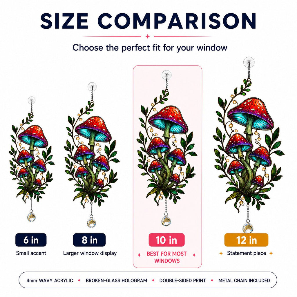 Size comparison chart for the Red Mushroom Cluster with Vines suncatcher: 6, 8, 10 and 12 inch options