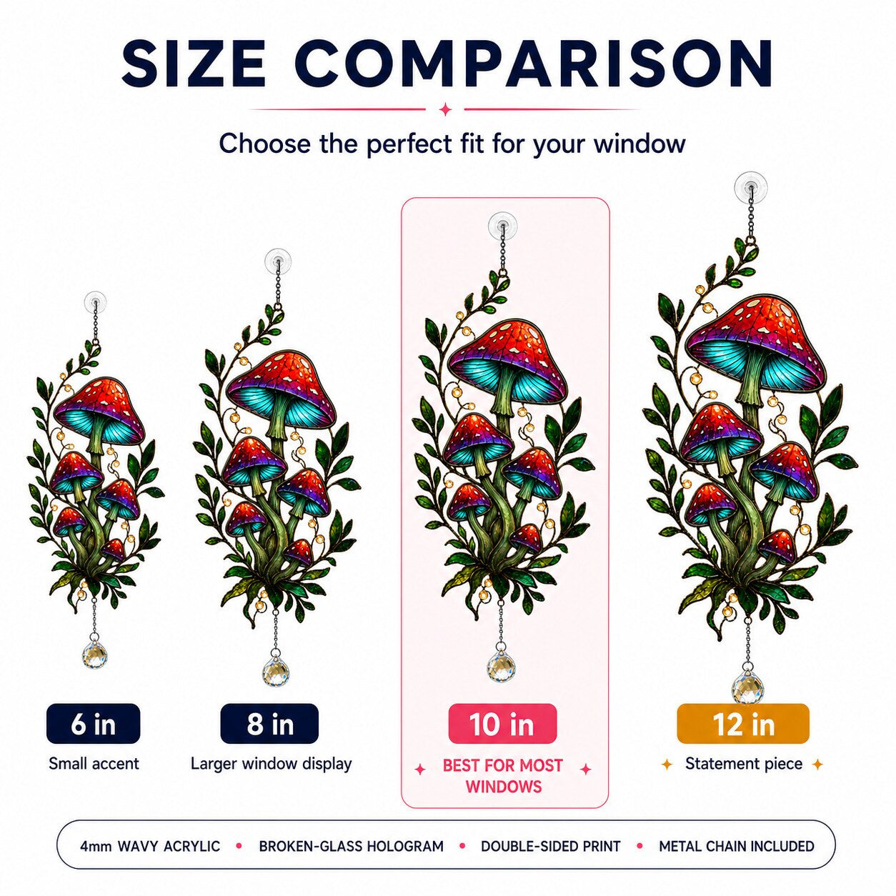 Size comparison chart for the Red Mushroom Cluster with Vines suncatcher: 6, 8, 10 and 12 inch options
