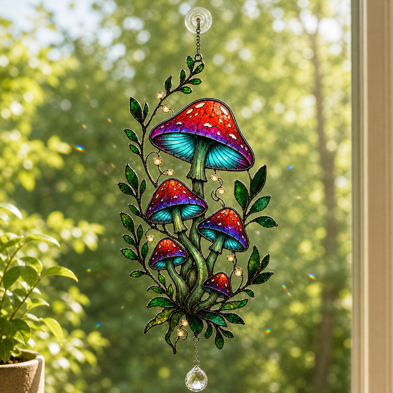 Red Mushroom Cluster with Vines holographic suncatcher with sunlight passing through the acrylic