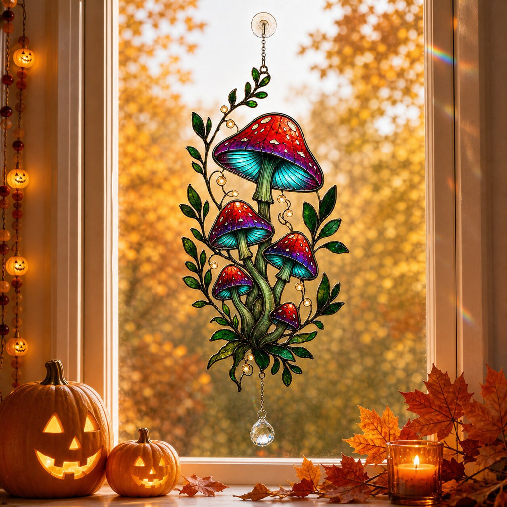 Red Mushroom Cluster with Vines suncatcher on its metal hanging chain in a bright window