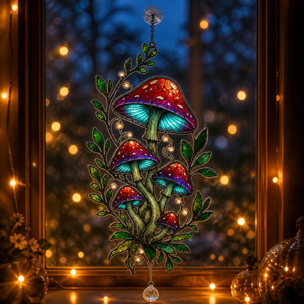 Red Mushroom Cluster with Vines holographic acrylic suncatcher styled in a cozy room