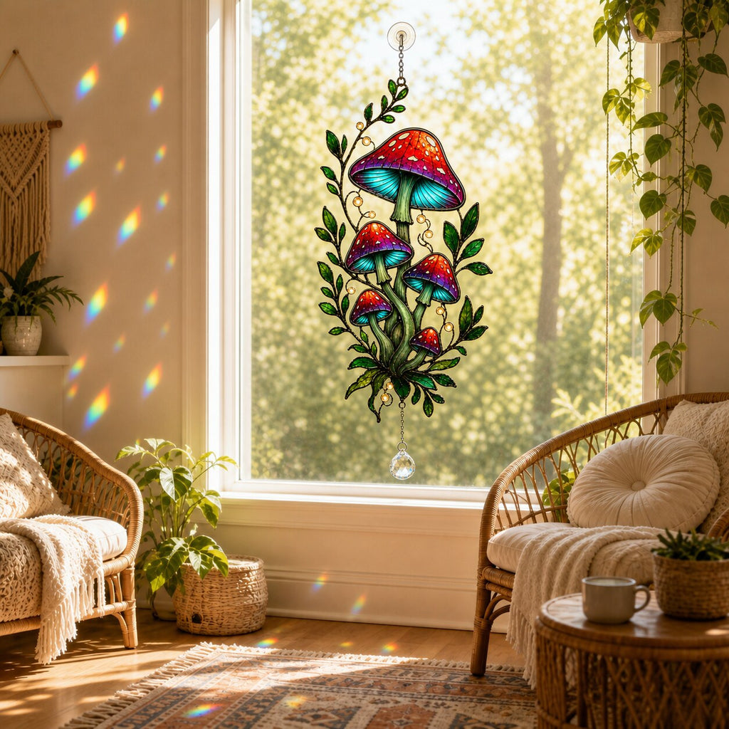 Red Mushroom Cluster with Vines window suncatcher seen against a sunlit garden