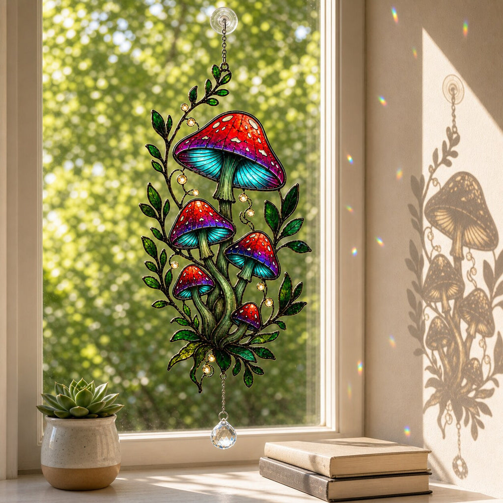 Red Mushroom Cluster with Vines holographic suncatcher hanging in a living room window