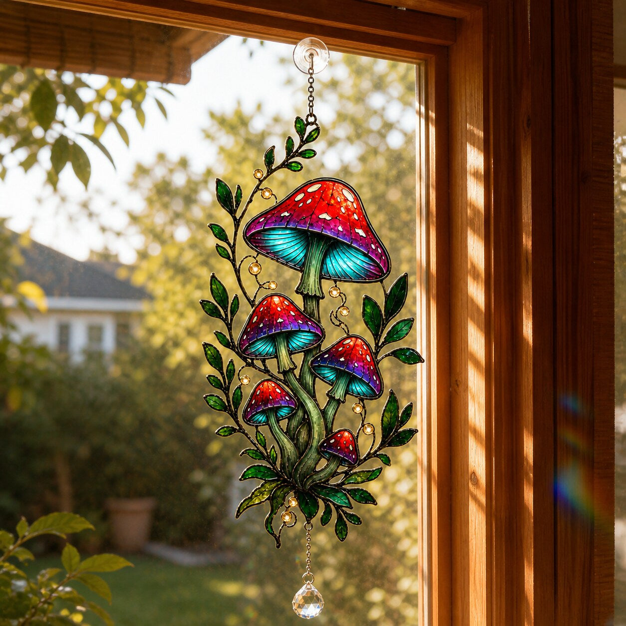 Red Mushroom Cluster with Vines acrylic suncatcher in a warm, softly lit interior