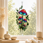 Red Mushroom Cluster with Vines holographic acrylic suncatcher in natural daylight